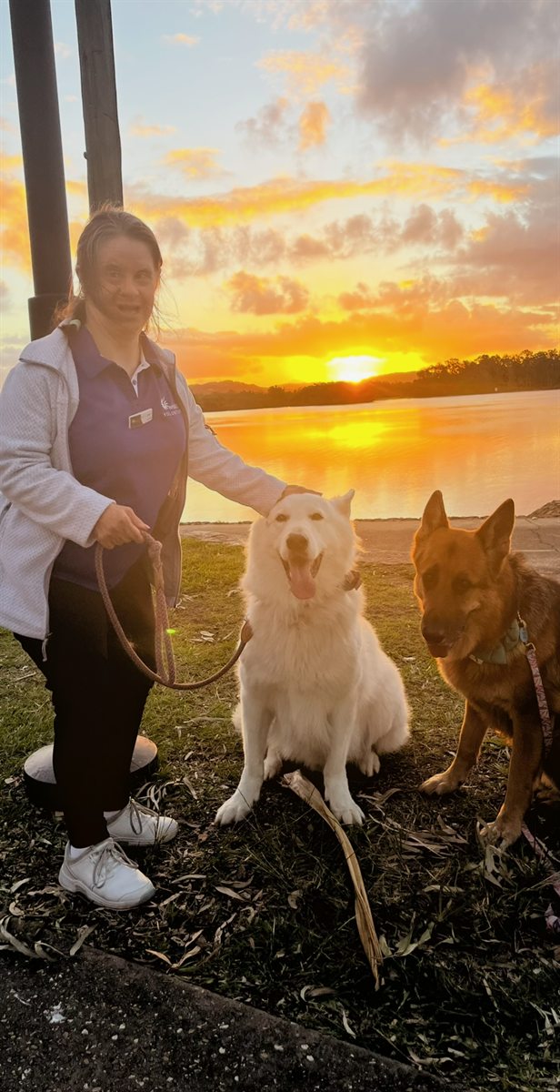 Walking two dogs by the water at sunset
